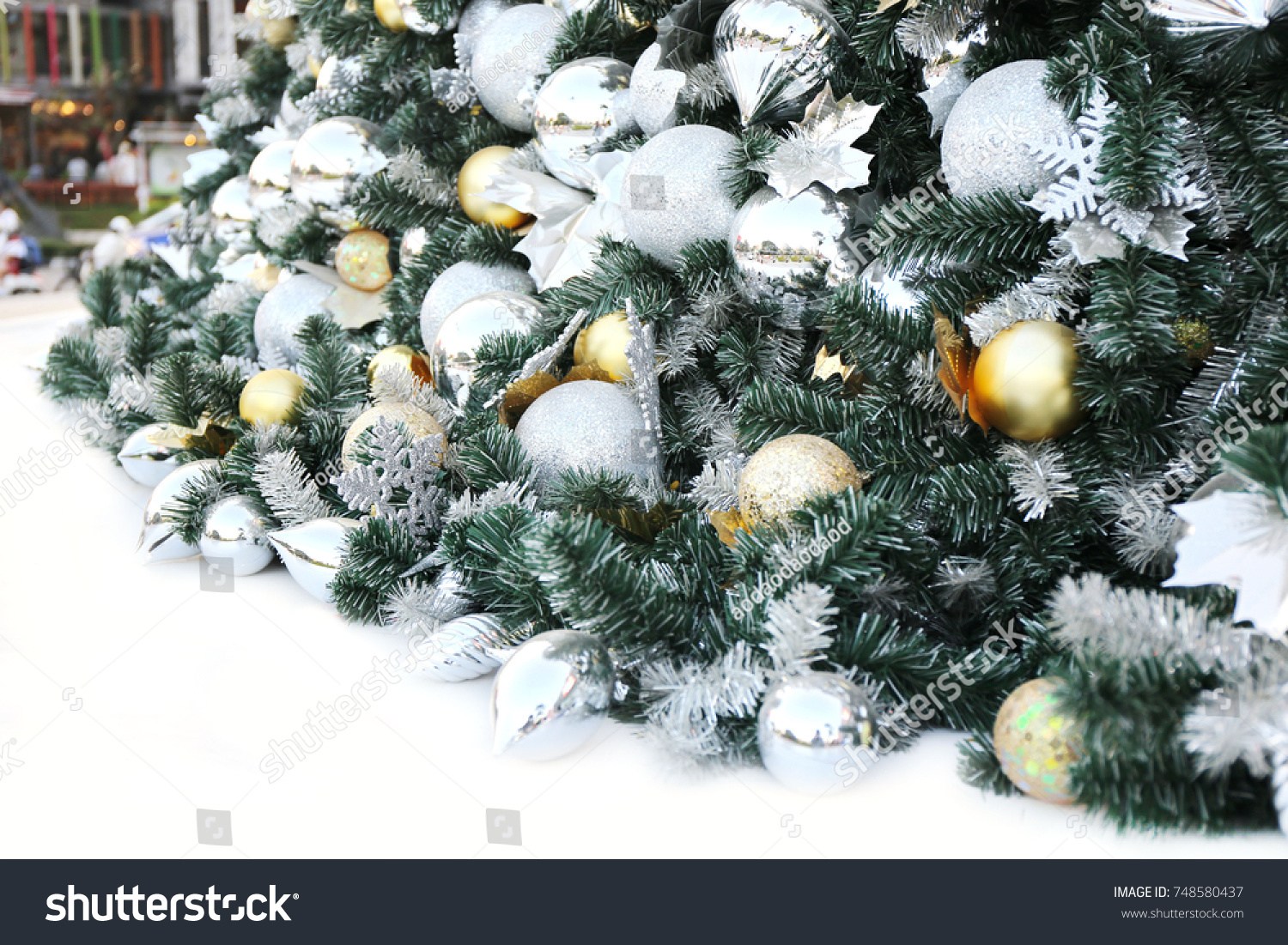 stock photo christmas ball hang on green white pine tree background for new year celebrate party event copy