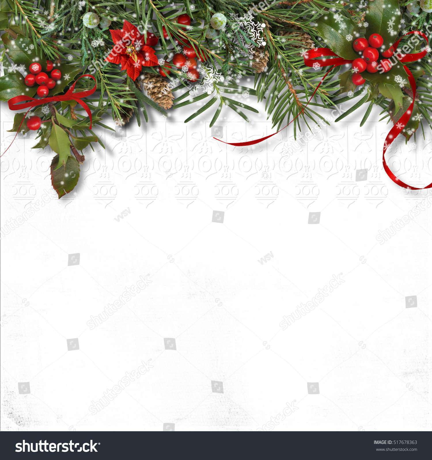 Christmas Border With Firtree, Holly And Poinsettia On White Bac Stock ...