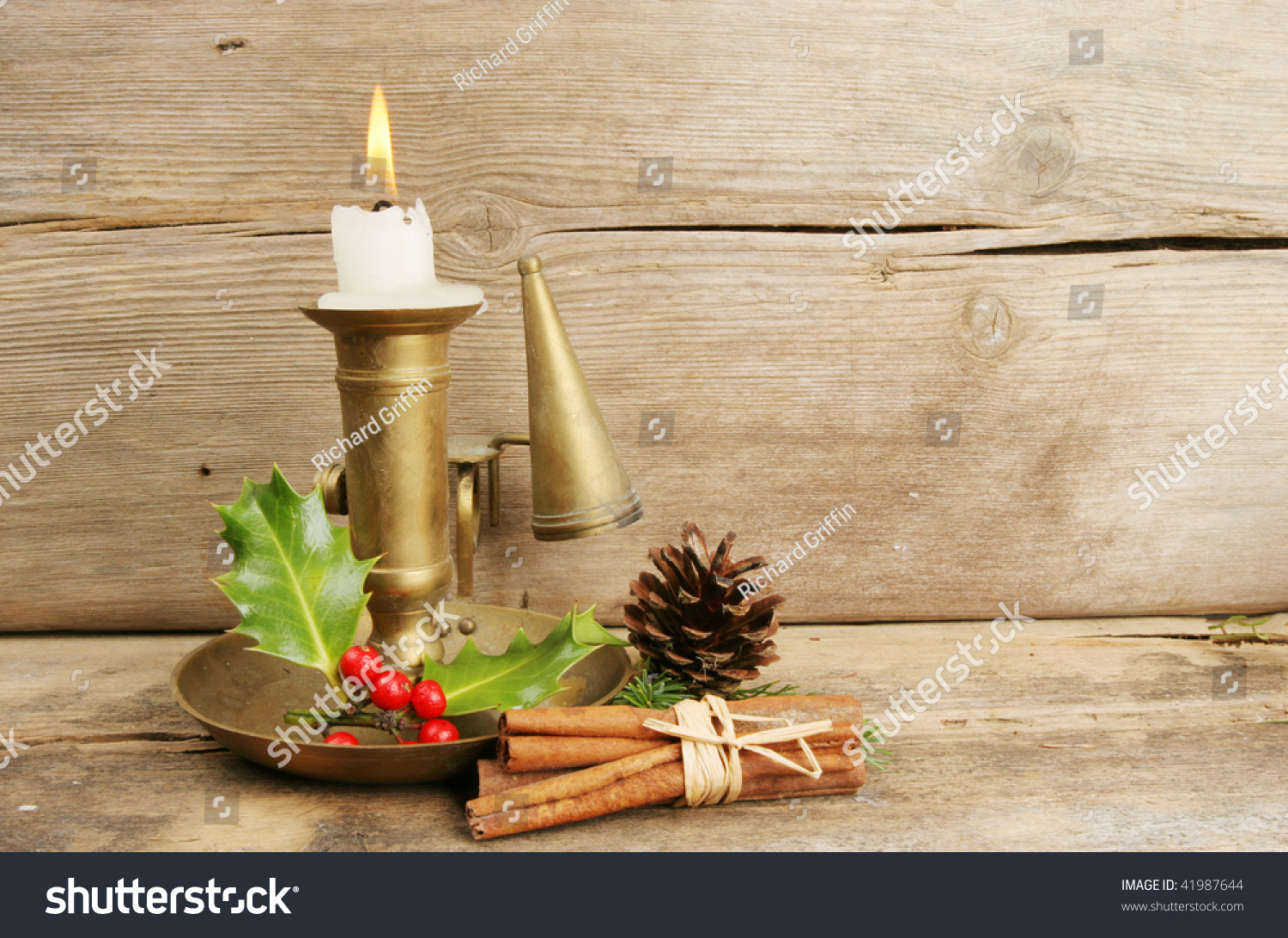 Christmas Candle Arrangement On A Background Of Old Rustic Wood Stock ...