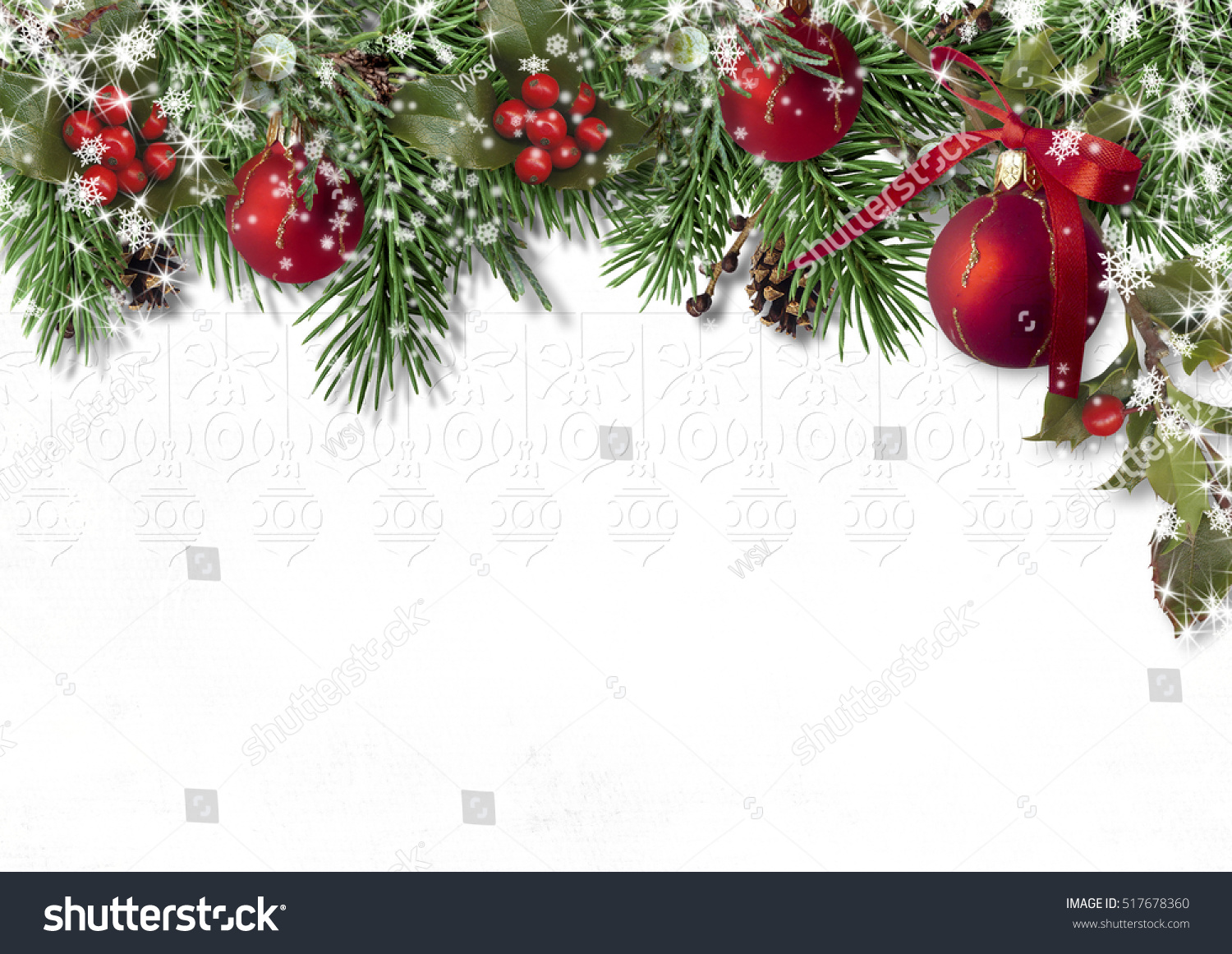 Christmas Card With Fir Branches, Balls And Holly On A White Bac Stock ...