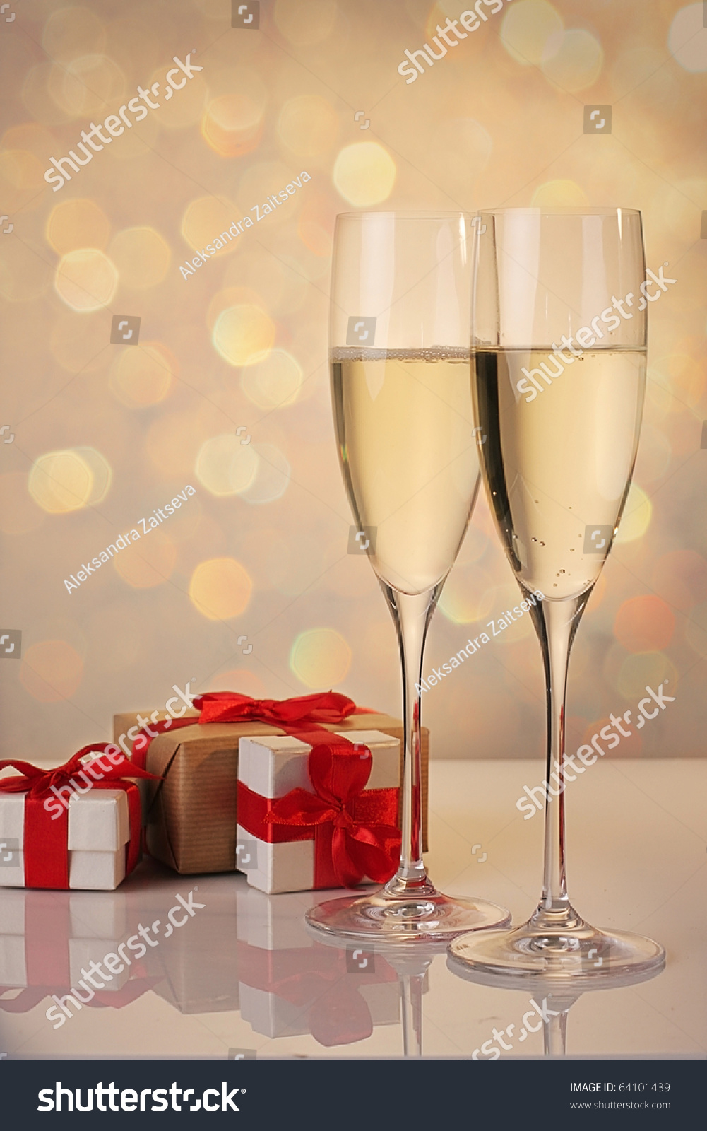 Christmas Decoration Glasses Champagne Red Ribbon Stock Photo