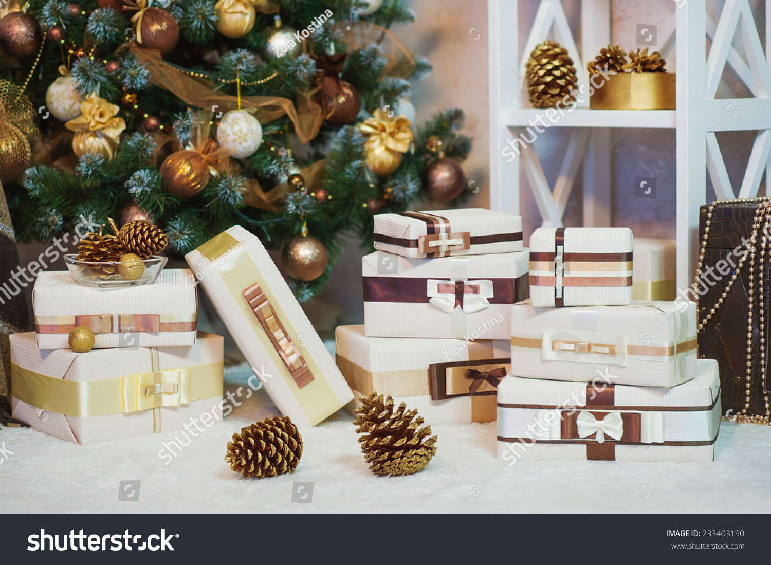 Christmas Decoration In Golden And Brown Colors Stock Photo 233403190