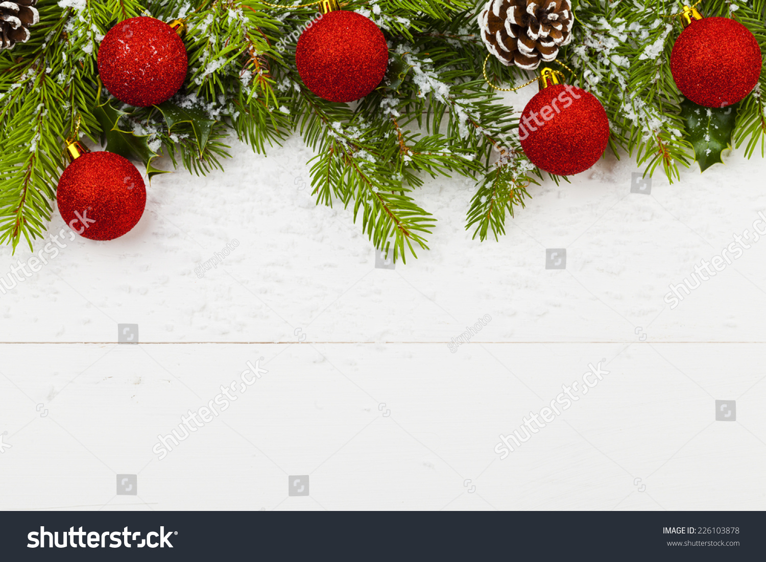 Christmas Decoration On The Wooden White Background With Snow Or Without Stock Photo 226103878