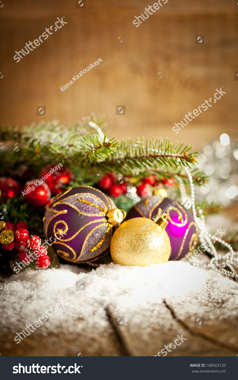 Christmas Decoration Over Wooden Background. Stock Photo 168563120 : Shutterstock