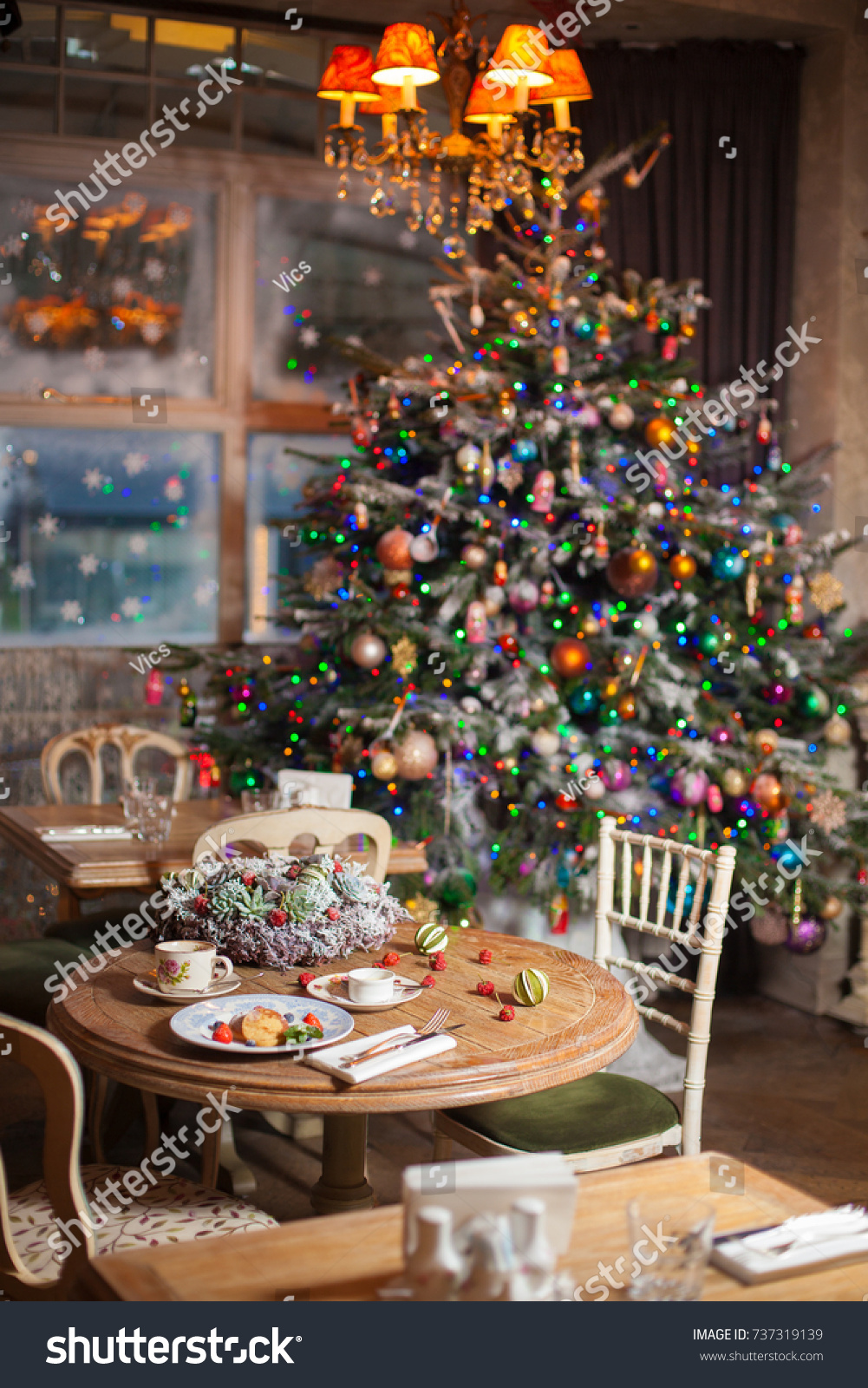 Christmas Decorations Table Served Russian Blinis Stock Photo