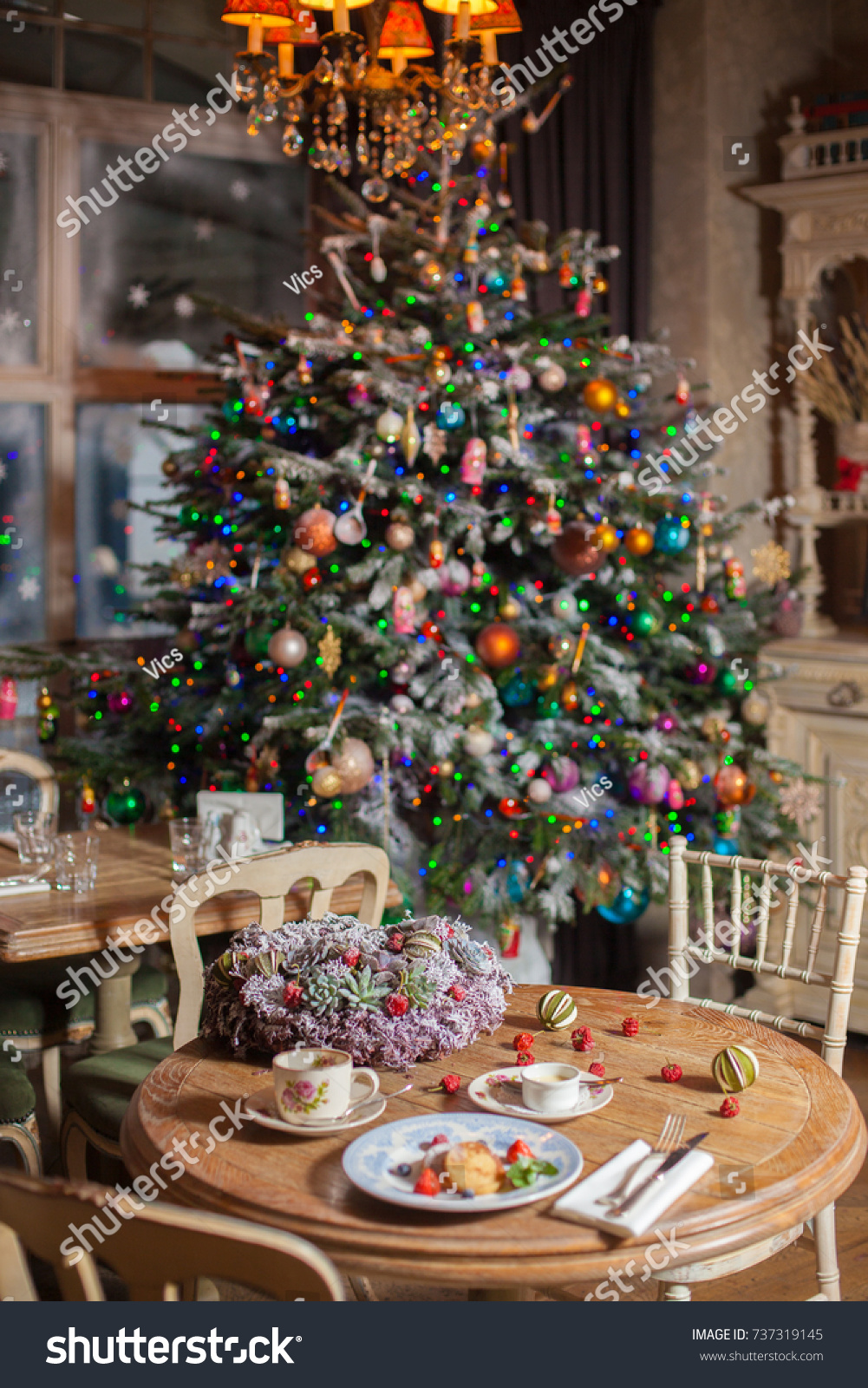 Christmas Decorations Table Served Russian Blinis Stock Photo