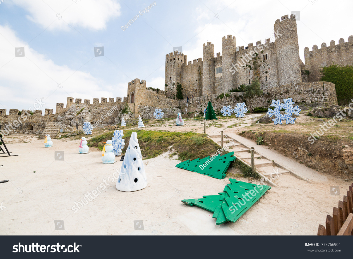 Christmas Decorations In Front Of The Castle Walls In Obidos Portugal