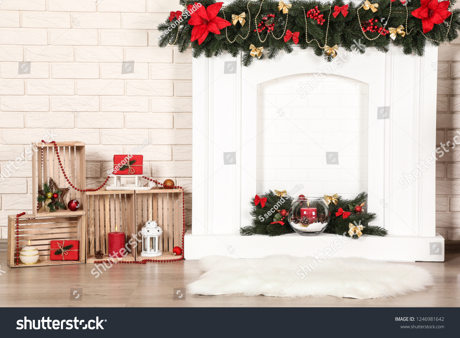 Christmas Decorations Fireplace On Brick Wall Stock Photo Edit