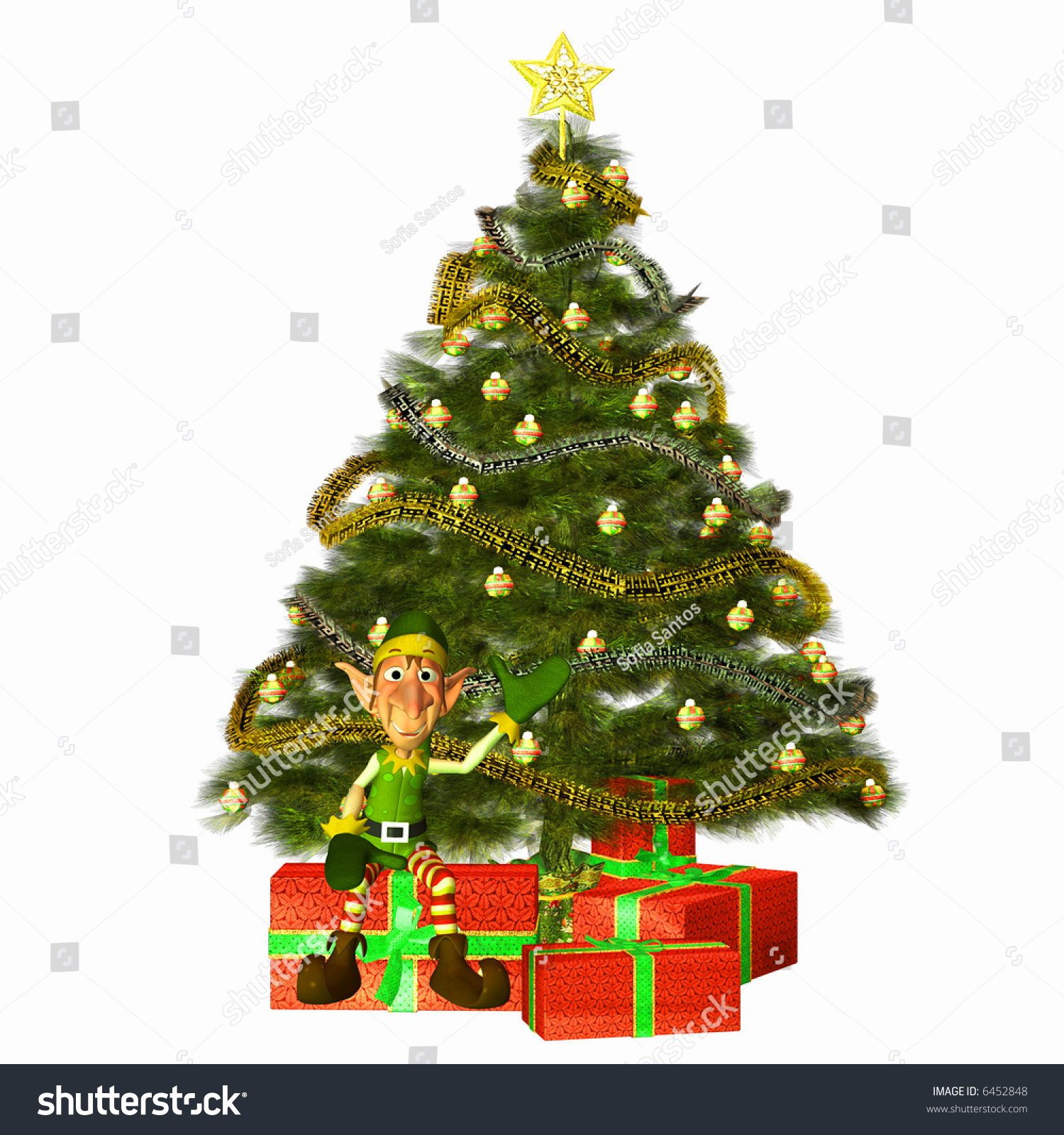 decorated Christmas tree isolated on white with oil paint filter