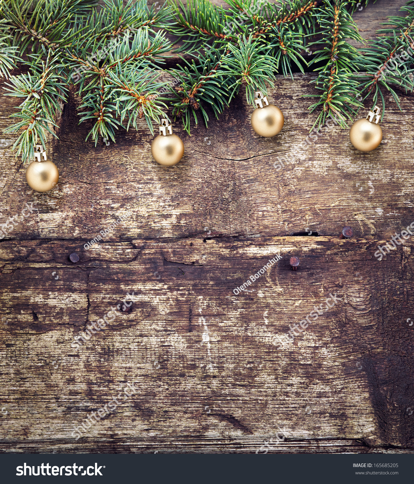 Christmas Fir Tree On A Wooden Background Stock Photo 165685205 ...