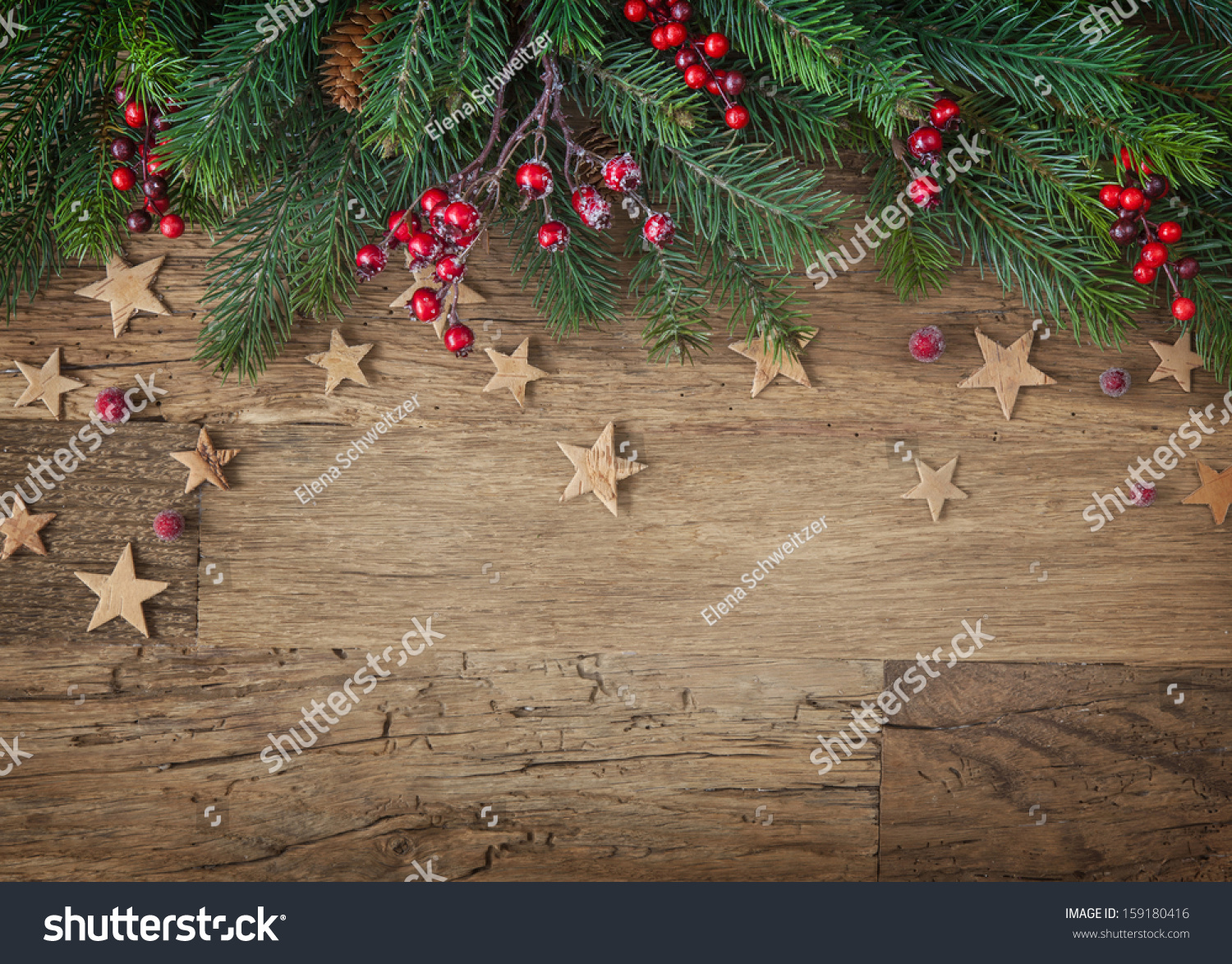 Christmas Fir Tree On Wooden Background Stock Photo 159180416 ...