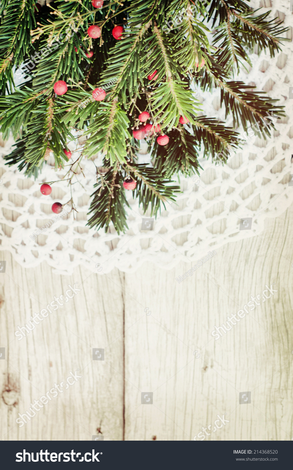 Christmas Fir Tree On Wooden Background Stock Photo 214368520 ...