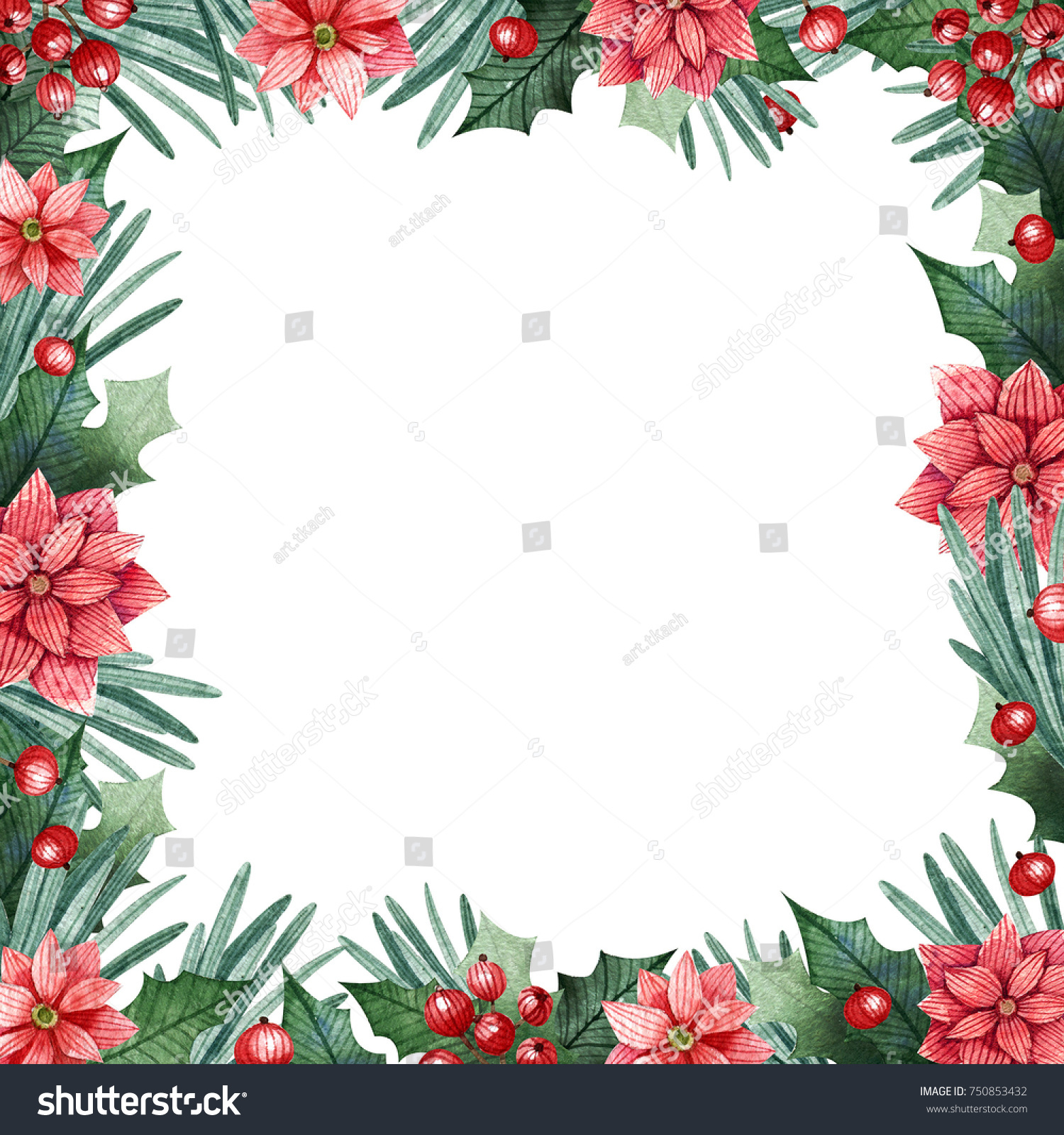 Christmas Frame Berries Leaves Flowers Stock Illustration 750853432