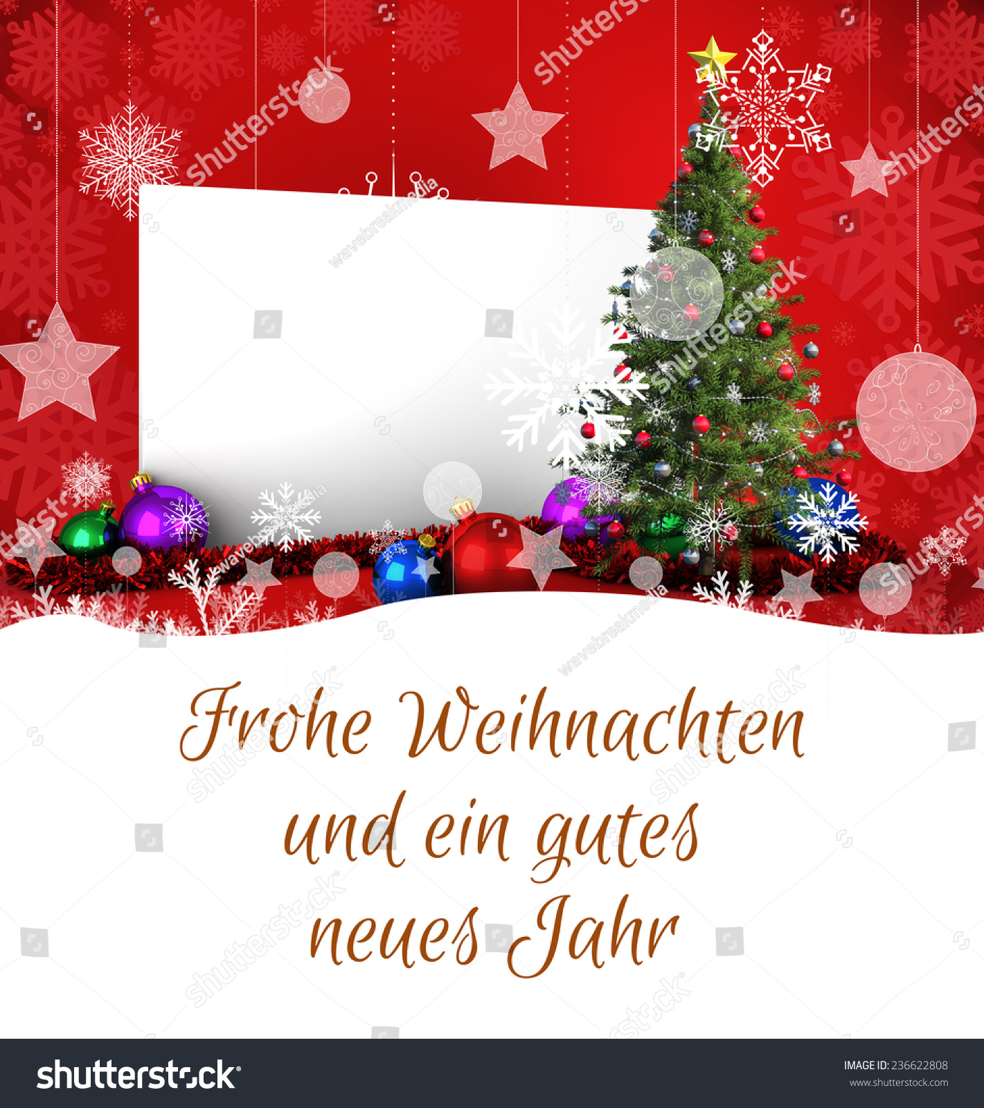 Christmas Greeting In German Against Poster With Christmas Tree Stock