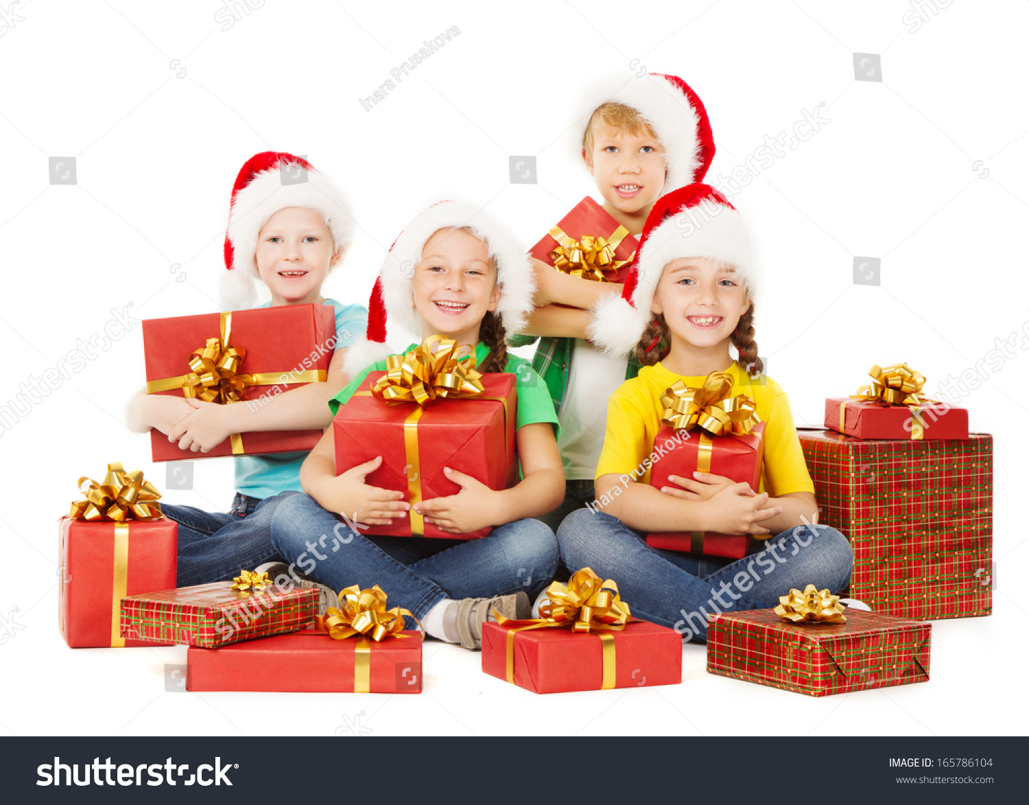 Christmas Kids Holding Presents Children Hats Stock Photo 165786104 ...