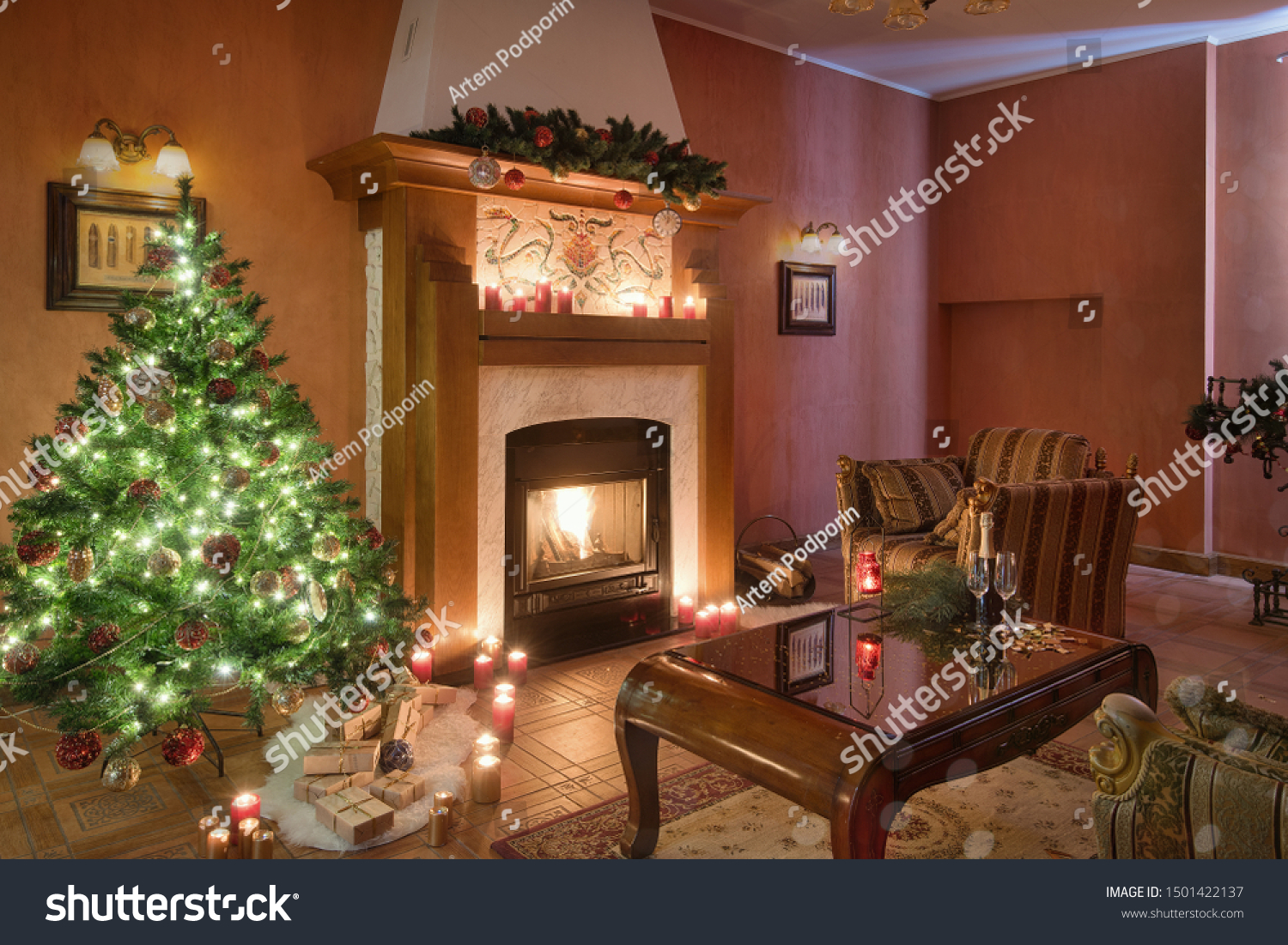 Christmas Living Room Interior Fireplace Armchairs Stock Photo