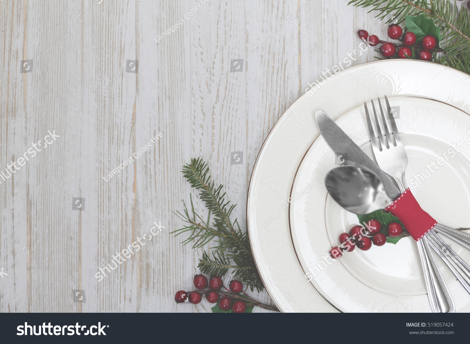 Christmas Meal Table Setting Background Stock Photo 519057424 ...