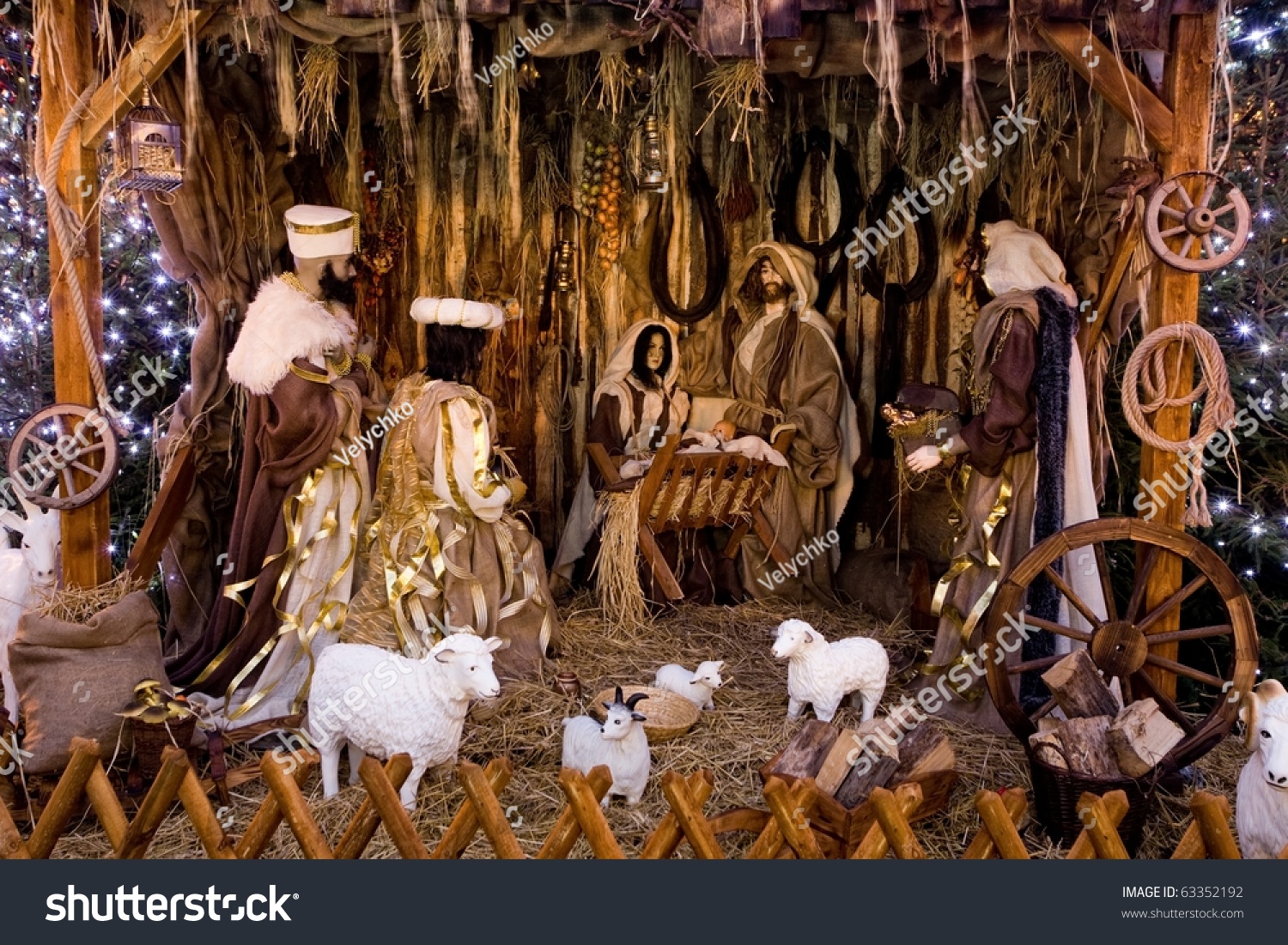 Christmas Nativity Scene With Three Wise Men Presenting Gifts To Baby ...