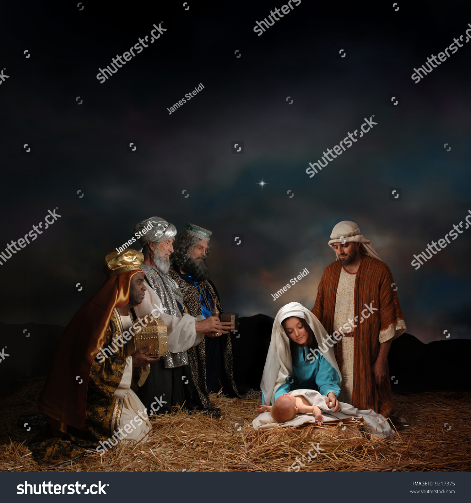 Christmas nativity scene with three Wise Men presenting ts to baby Jesus Mary & Joseph