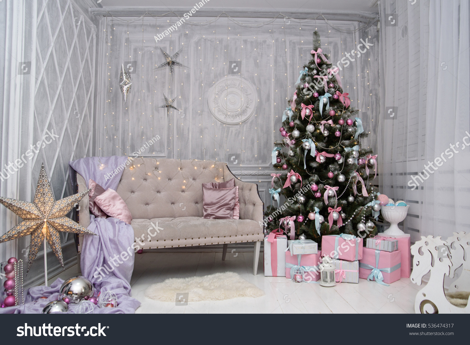 Christmas Room Interior Decorations In Studio Stock Photo 536474317