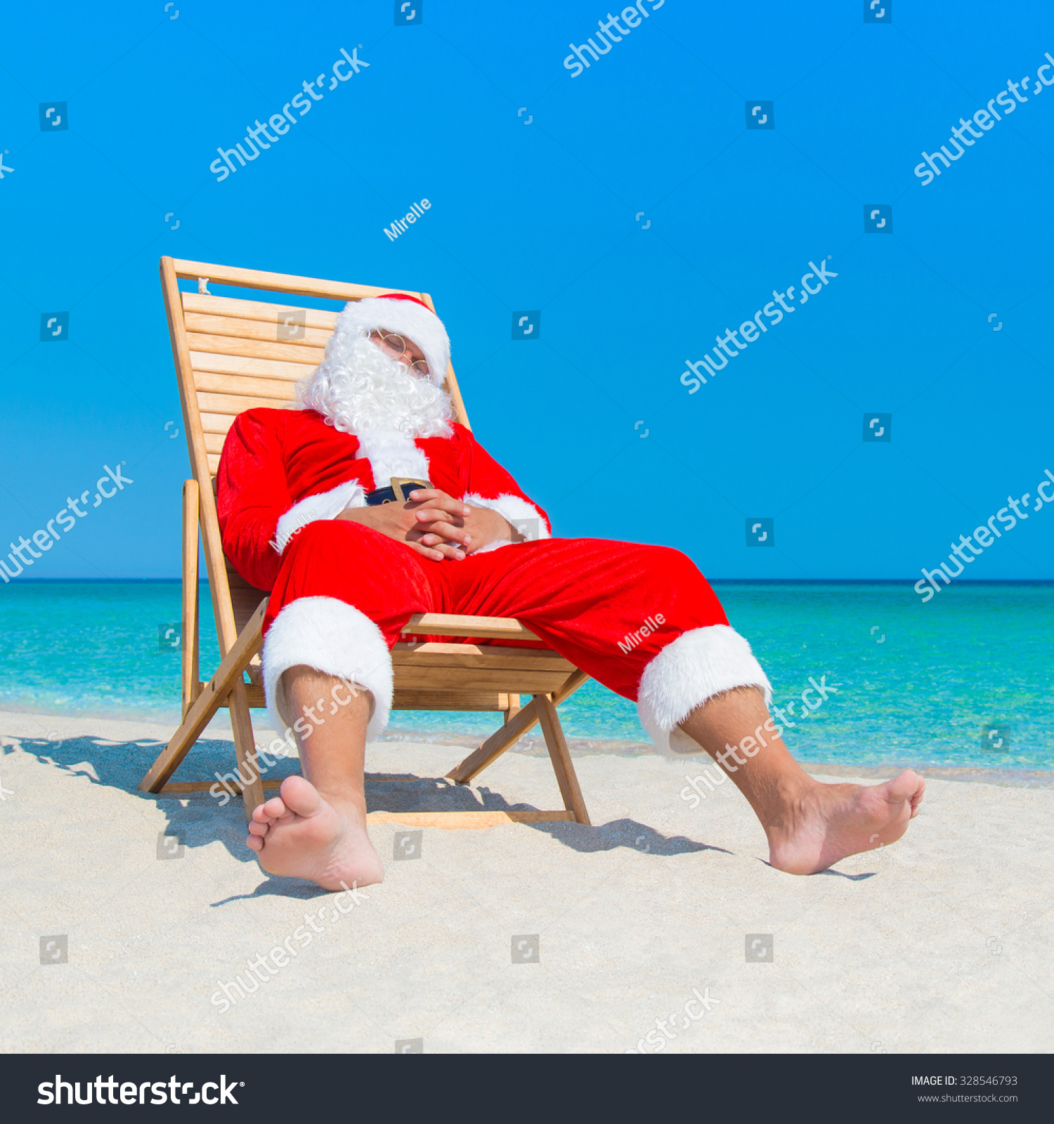 Christmas Santa Claus Resting On Sunlounger At Ocean Sandy Tropical ...