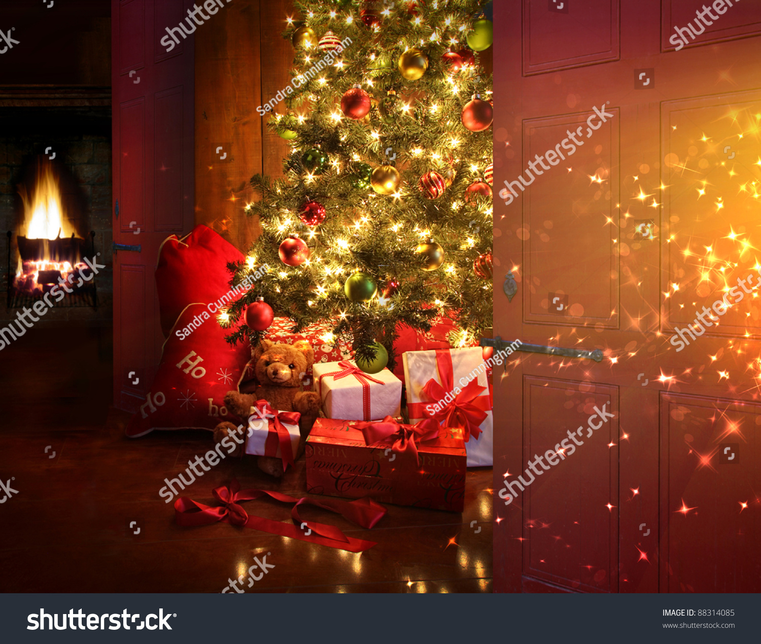 Christmas Scene Tree Gifts Fire Background Stock Photo 88314085 ...