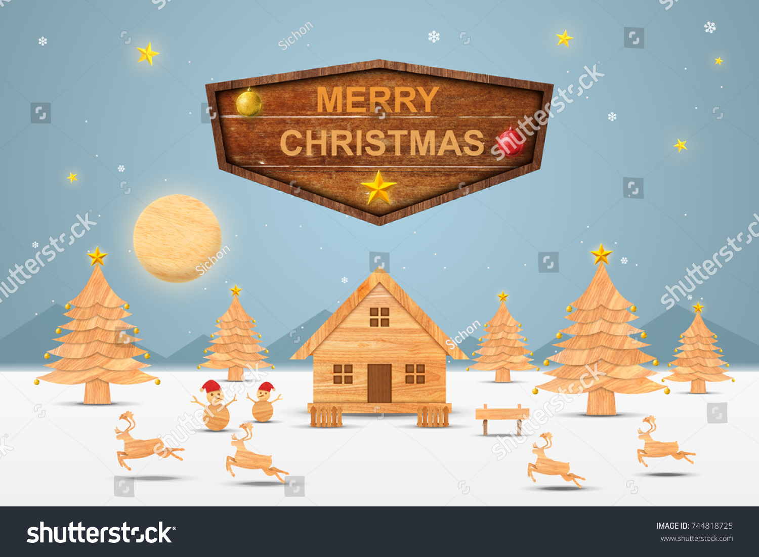 Christmas season and Happy new year season made from wood with decorations art and craft style