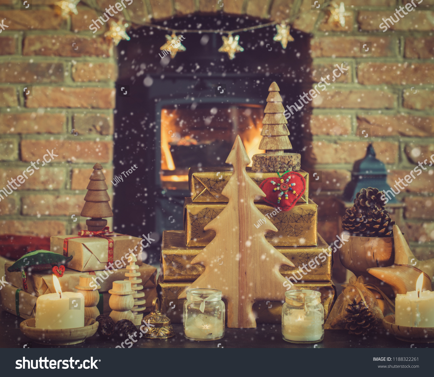 Christmas Setting Wooden Ornaments Presents Pine Stock Photo Edit