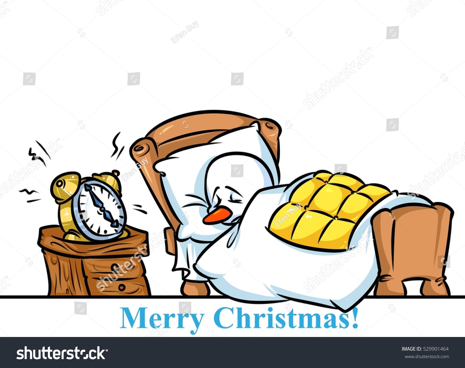Christmas snowman character sleeping bed alarm clock cartoon illustration