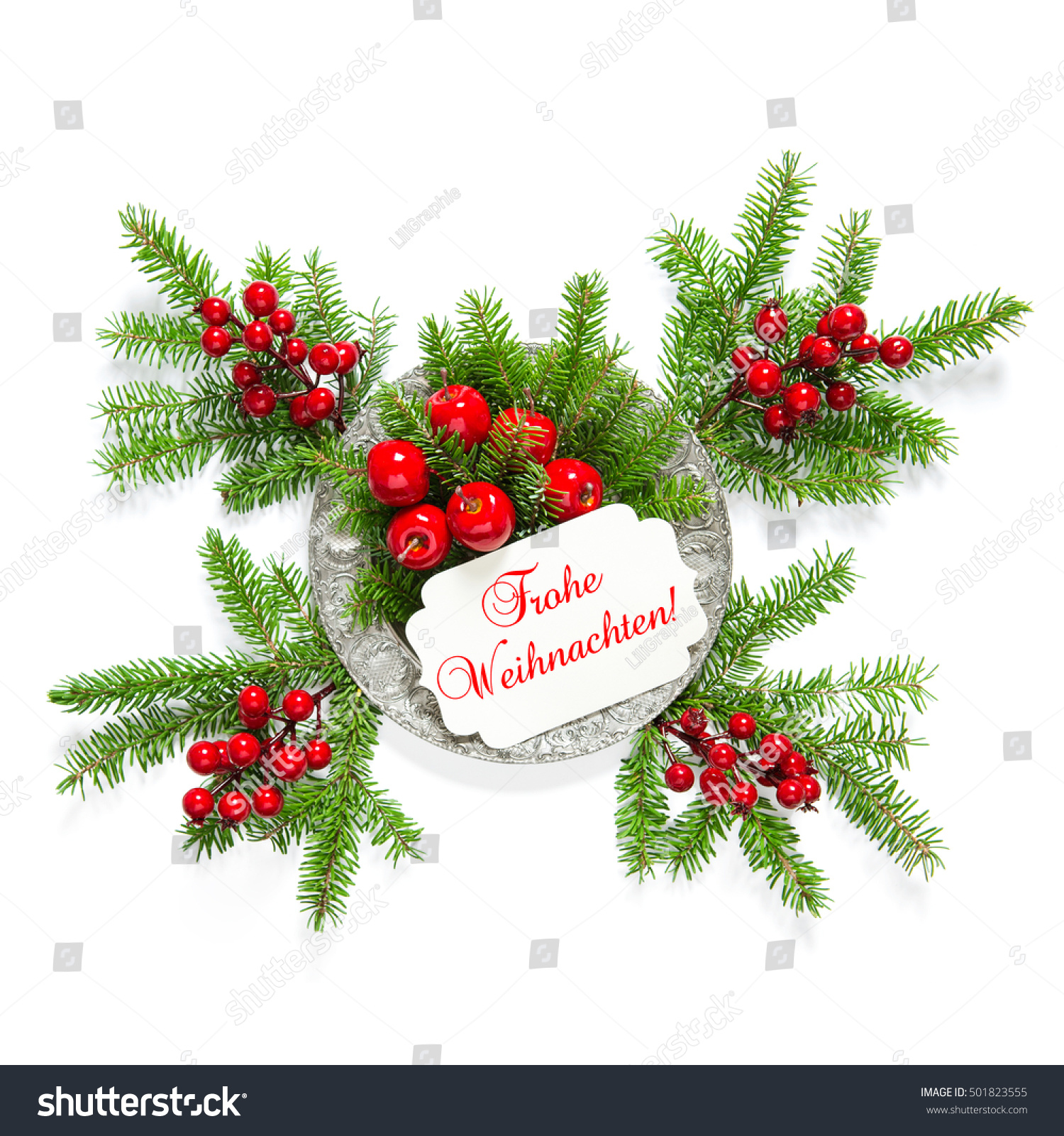 Christmas Tree Branches With Red Berries And Greetings Card. Holidays