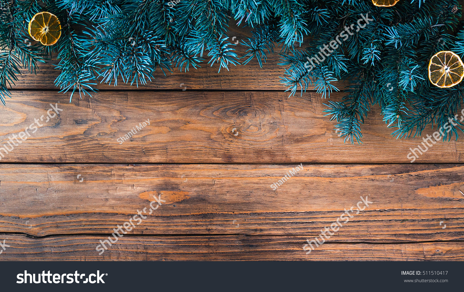 Christmas Wooden Background With Fir Tree. Copy Space Stock Photo