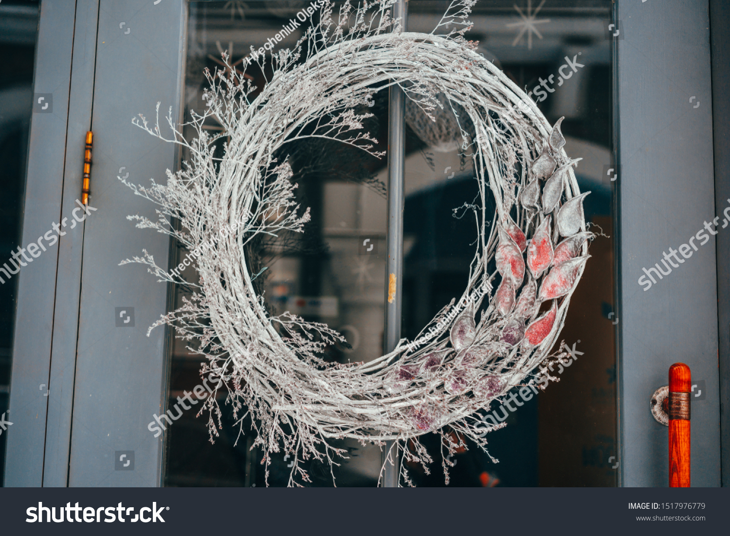 Christmas Wreath Hanging On Glass Door Stock Photo Edit Now