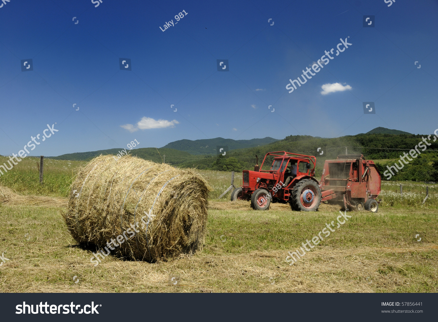 Circular Hay Baler Red Tractor Hay Transportation Stock Image