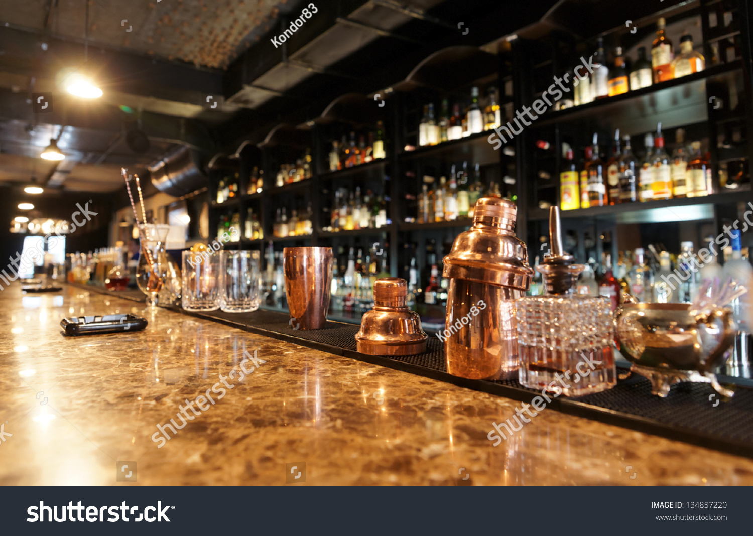 Classic Bar Counter Bottles Blurred Background Stock Photo ...