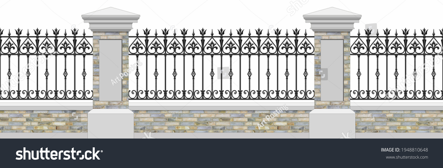 Classic Iron Fence Stone Pillars Wrought Stock Illustration 1948810648 ...