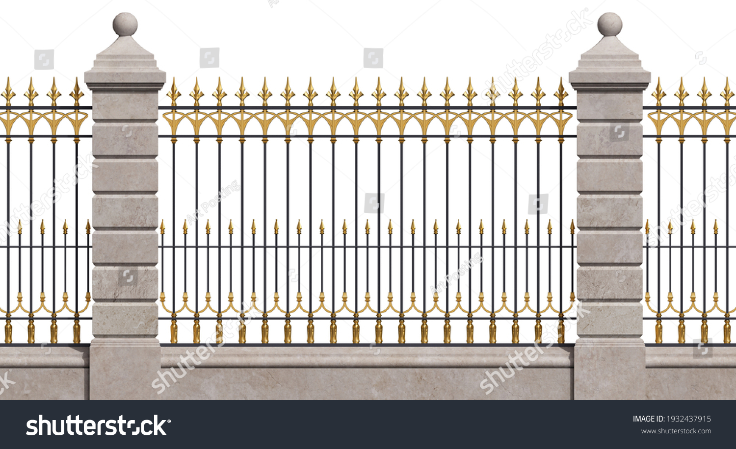 Classic Iron Fence Stone Pillars Wrought Stock Illustration 1932437915