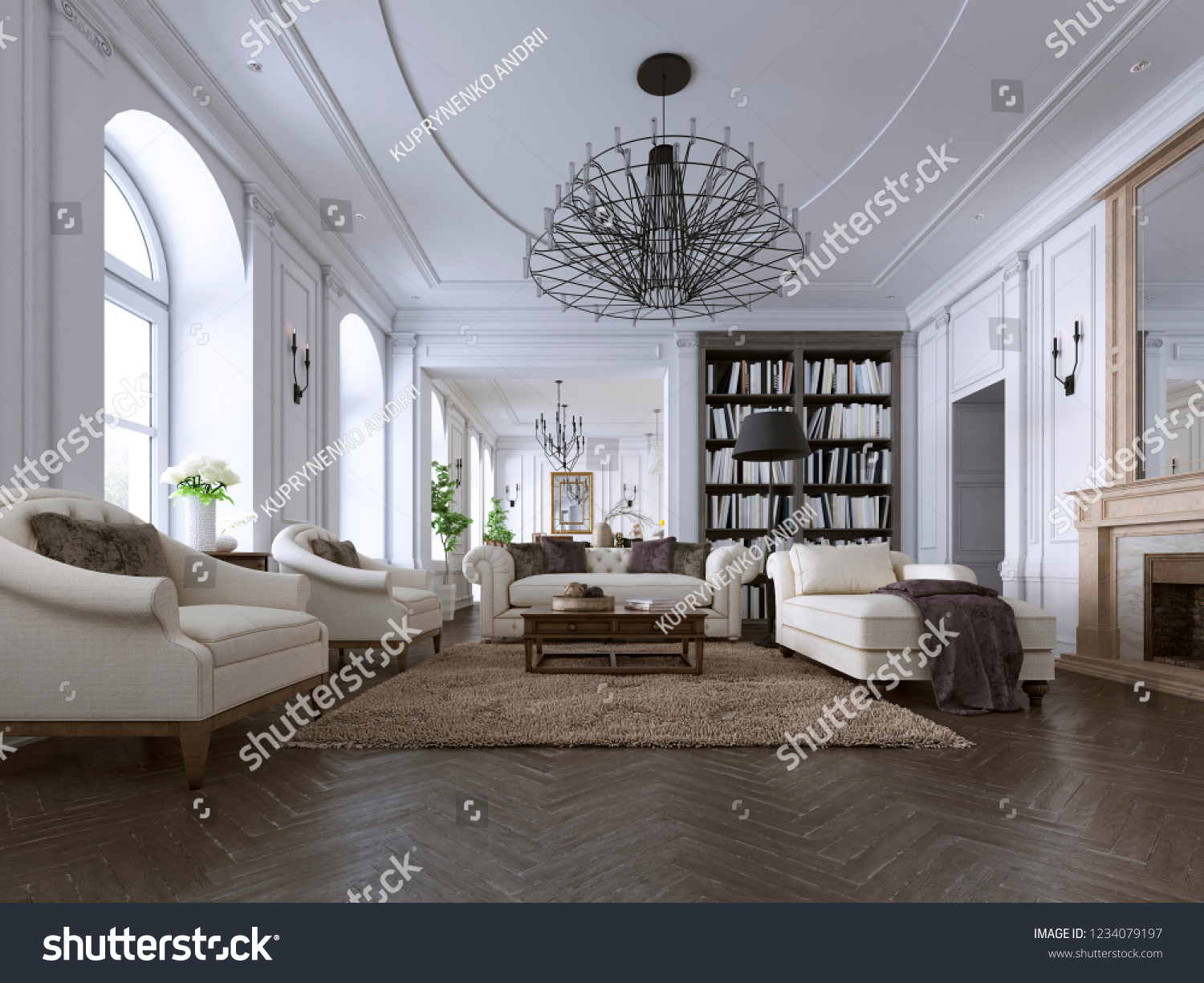 Classic Living Room Paneling Ceiling Moldings Stock Image