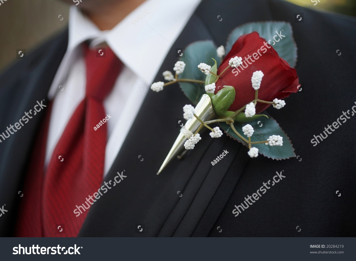 Classic Red Rose Wedding Boutonniere On Suit Of Groom Stock Photo ...