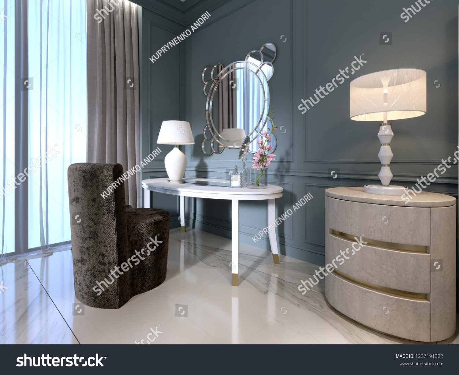 Classic White Dressing Table Round Mirror Stock Illustration