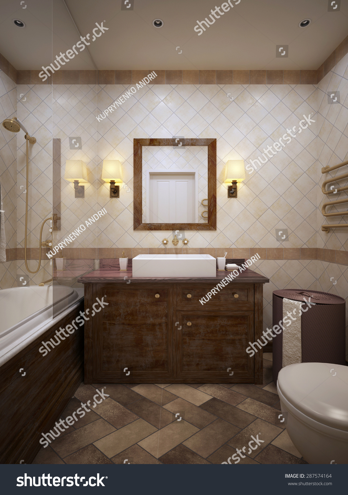 Classical Bathroom With Wood Furniture And Walls In Beige Tile. 3d ...