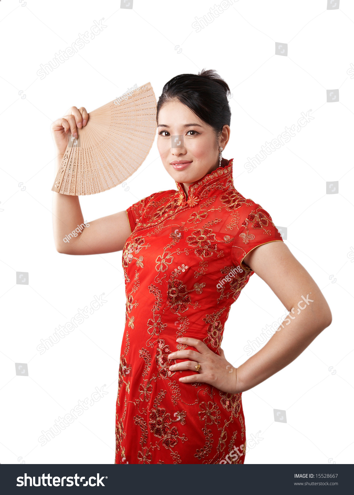 Classy Asian Woman Wearing Traditional Red Clothes And Holding A Fan ...