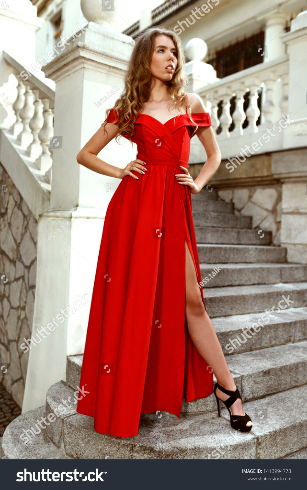 Classy Woman Long Red Dress Black Stock ...