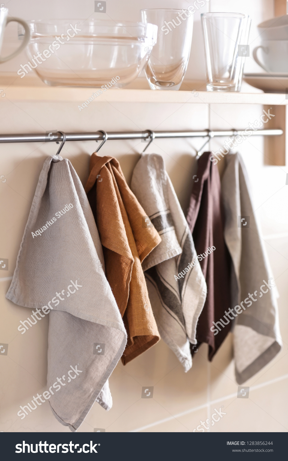 Clean Kitchen Towels Hanging On Rack Stock Photo Edit Now 1283856244