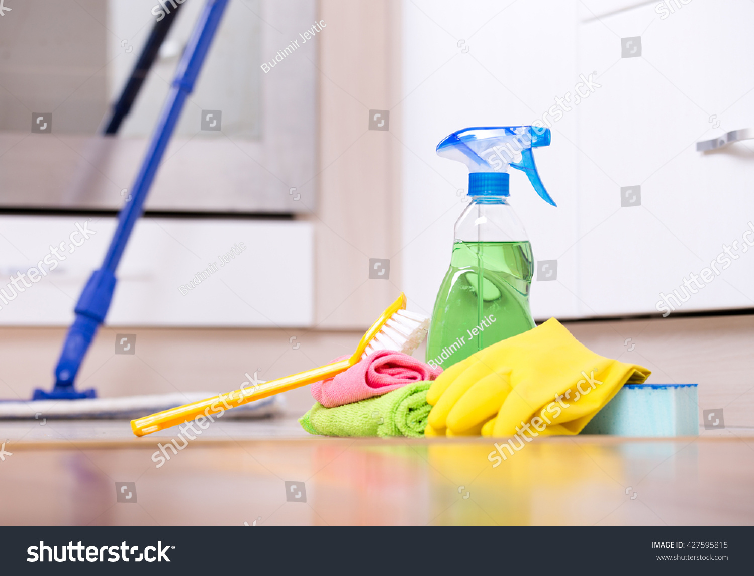 Cleaning Supplies Equipment On Kitchen Floor Stock Photo Edit Now