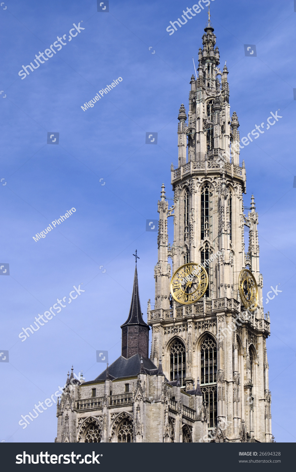 Clock Tower In Our Lady'S Cathedral In Antwerp, Belgium Stock Photo ...