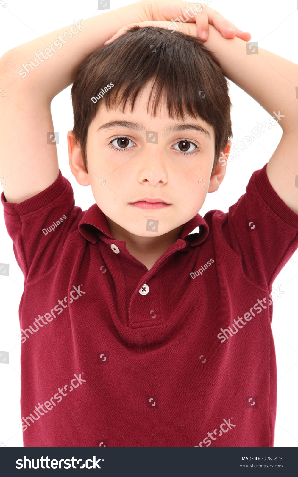 Close Up Child Serious Expression Arms On Head. Stock Photo 79269823 ...