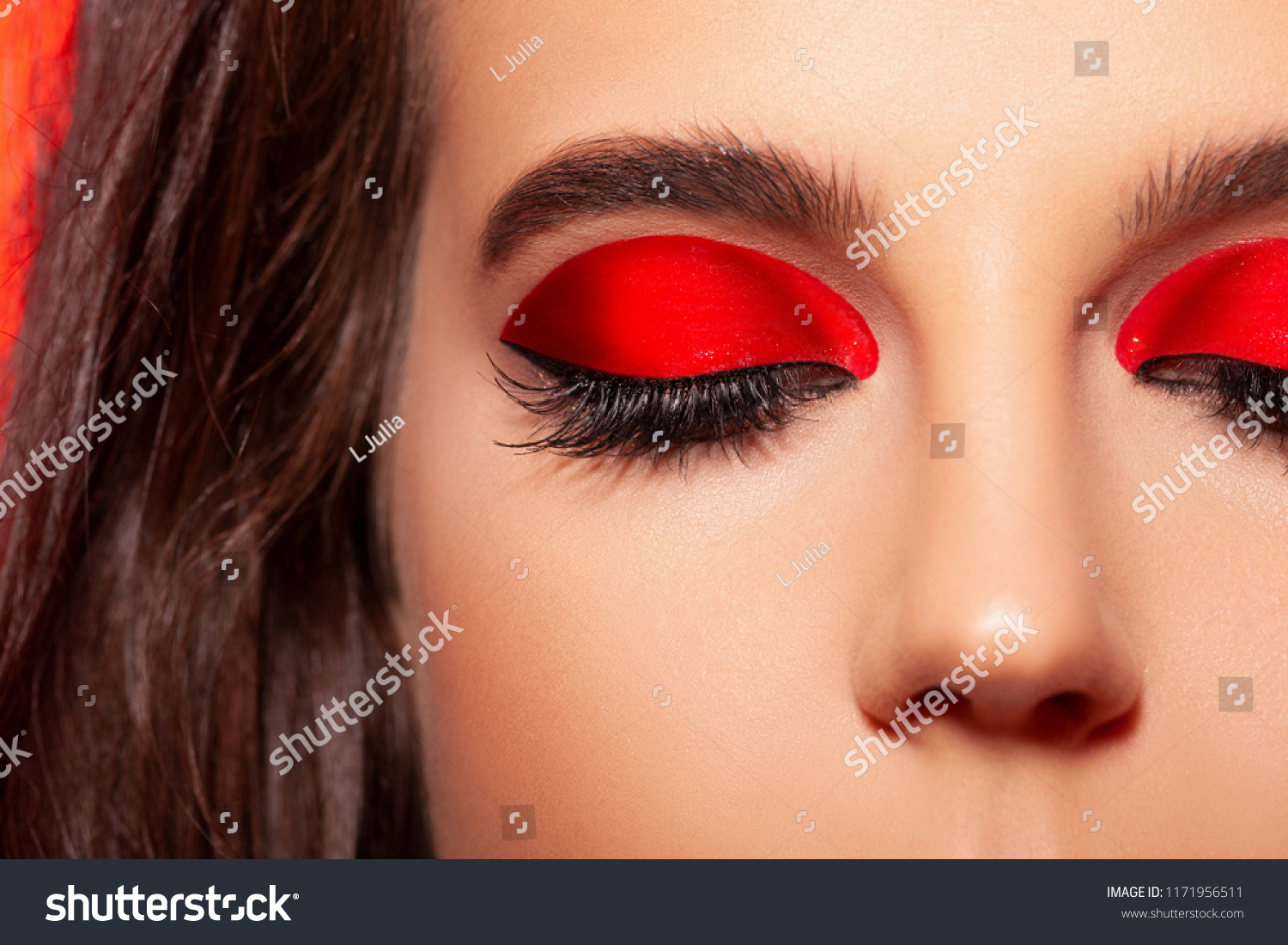 Close Fashion Makeup Beautiful Red Shimmer Stock Photo Edit Now 1171956511