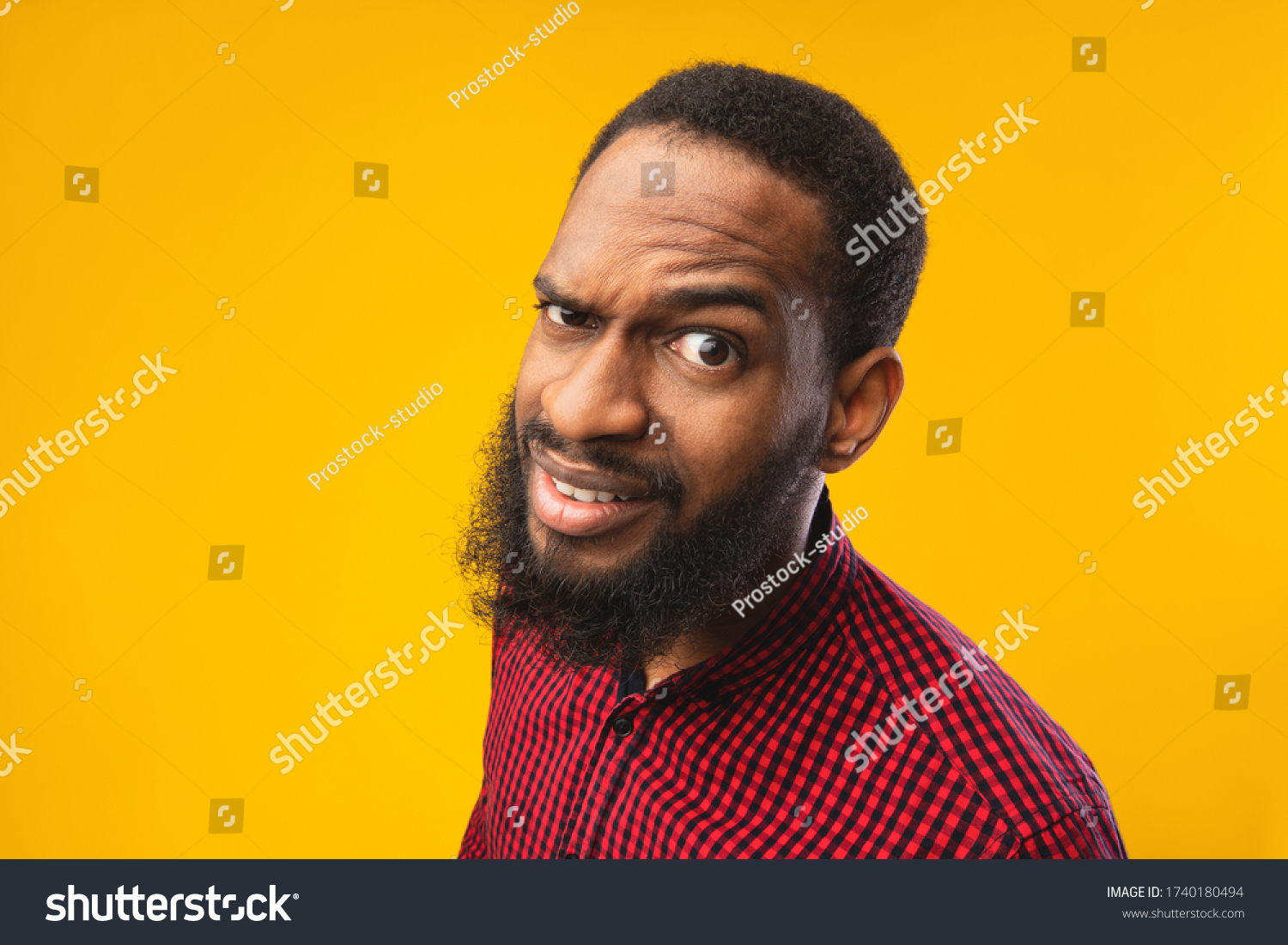 Close Headshot Confused African American Man Stock Photo 1740180494