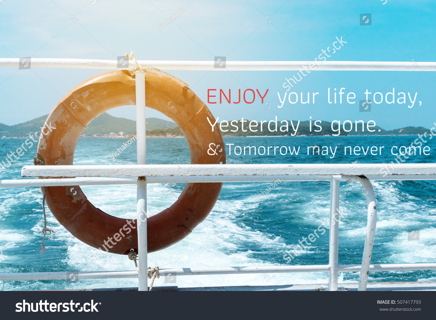 Close up Life Ring on back of boat with blurry view of wave on sea and