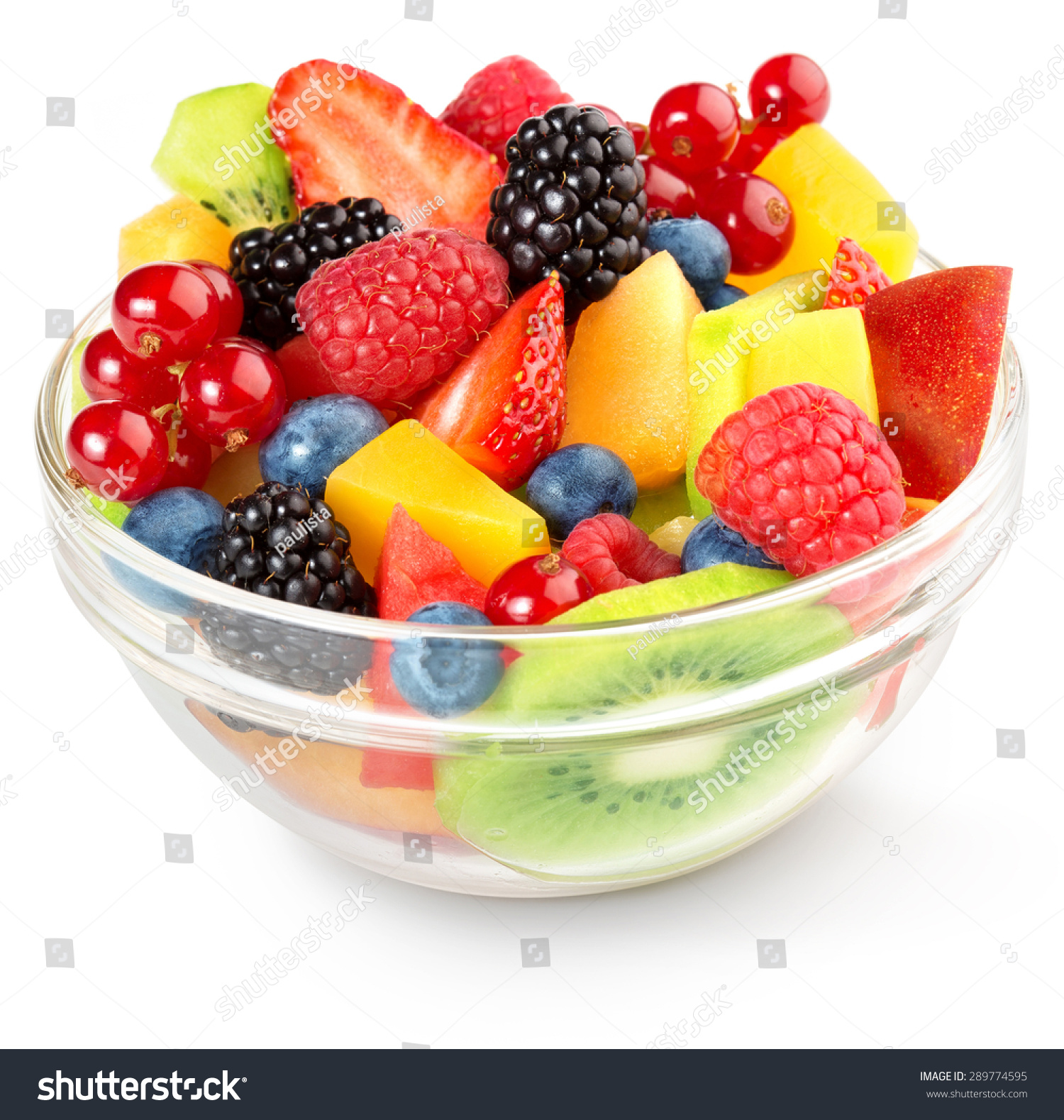 Close Up Of A Colorful Fruit Salad Isolated On White Stock Photo ...